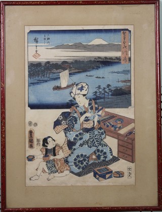 Japanese wood block, a 19th Century view of a lady and attendant with distant Mount Fuji, signed 15" x 11" and 4 others