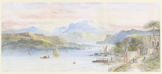 C Lewis '98, watercolour, an extensive 19th Century Continental lake side view with figures and distant mountains, signed 9" x 21" 