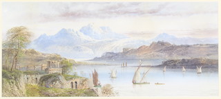 C Lewis '96, watercolour, an extensive 19th Century Continental lake side view with boats and ruins and distant mountains 9" x 21" 