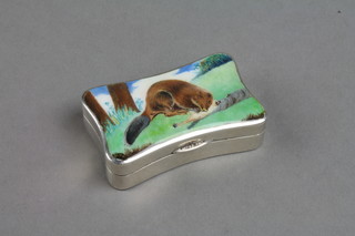 A lozenge shaped silver snuff box with later enamelled lid depicting a beaver, Birmingham 1908