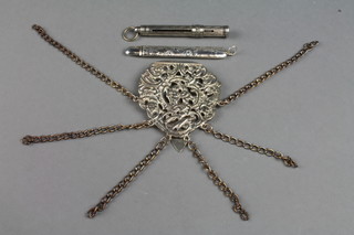 A silver plated chatelaine clip with scroll and cherub decoration, 2 silver pencil holders