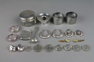 2 silver engine turned napkin rings, a silver mounted toilet jar, vesta and minor items PLEASE NOTE: The dog cufflinks have been withdrawn from this lot
