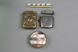 A silver chased vesta, a plated ditto and an elephant brooch