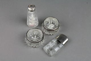 2 silver mounted cut glass table salts, 2 ditto scent bottles