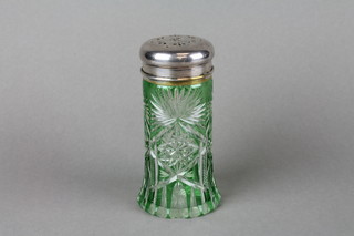 A green flash glass sugar shaker with plated cover