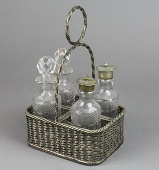 An Edwardian silver plated 4 bottle cruet in a wicker style container