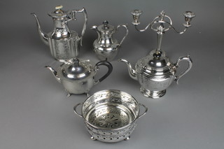 An Edwardian silver plated chased teapot with ivory knop, minor plated items