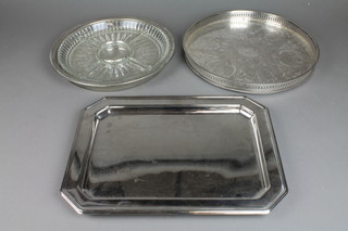 A pair of silver plated octagonal trays 16", a circular ditto and an hors d'oeuvres set