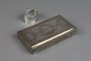 A silver napkin ring approx. 14 grams and a plated chased cigarette box