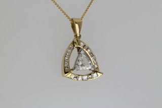 A yellow gold open pendant set with a triangular cut diamond, approx 2ct, surrounded by 19 princess cut diamonds on an 18ct gold chain