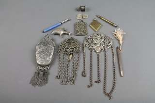 A pierced silver plated chatelaine clip, an aide memoir and minor items  