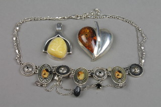 A Continental silver and amber heart shaped brooch, minor silver jewellery