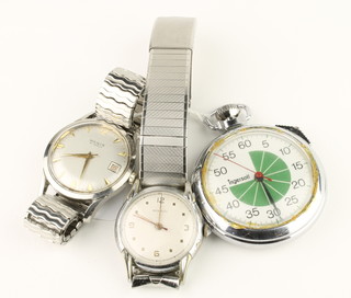 A gentleman's 1960's Mannis steel calendar wristwatch, 1 other and a stop watch 