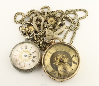 A gentleman's 14ct gold champagne dial pocket watch (f), a silver ditto and a gilt chain 