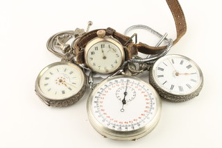 2 ladies silver fob watches with enamelled dials, a wristwatch and a stop watch 