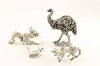 A plated kitten 1 1/4" together with a plated emu, a ditto squirrel and cat