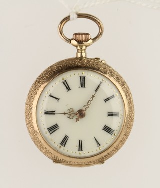 A lady's Edwardian 14ct gold fob watch with floral enamelled back  