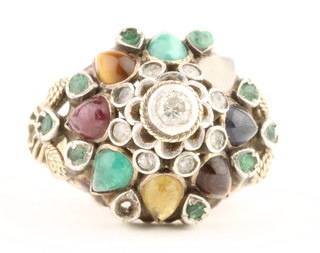 An 18ct yellow gold high mount ring set with diamonds, emeralds, tigers eye, moonstone etc, size P 1/2
