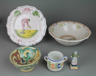 A Quimper ware figure of a lady 3" and 4 other items