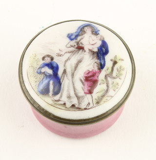 A 19th Century Battersea enamel patch box with religious scene 1" 