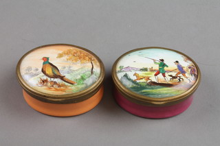 2 oval Halcyon Days enamel patch boxes with hunting and pheasant lids 2" 