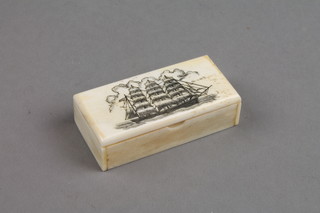 A modern bone rectangular snuff box decorated with a ship 2" 