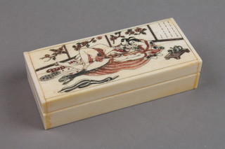A modern bone rectangular box decorated with a Japanese erotic scene 3 1/2" 