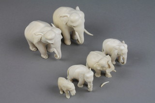 A family of 6 Antique carved ivory elephants 