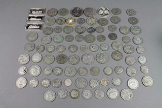 3 silver commemorative ingots, minor pre-1947 coinage, approx. 888 grams