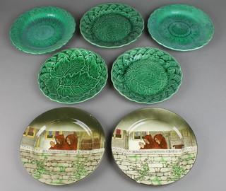 5 Victorian green glazed leaf plates, 2 Doulton Seriesware ditto 