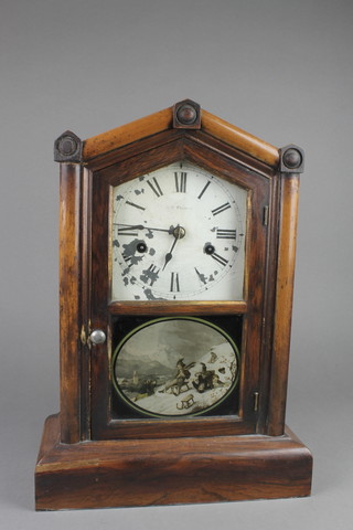 Seth Thomas, a 30 hour American striking shelf clock with painted dial and Roman numerals contained in a simulated rosewood case enclosed by glazed panelled door, decorated a snowy scene