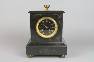 Japy Freres, a French 19th Century 8 day striking mantel clock contained in a black marble case, the dial with gilt Roman numerals, raised on bun feet and with brass finial to the top 