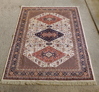 A white ground Caucasian style Belgian cotton carpet with 3 diamonds to the centre 89" x 63" 