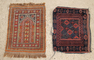 A square blue and red Persian rug 25" x 17", some wear together with a Caucasian style prayer rug 28" x 18"