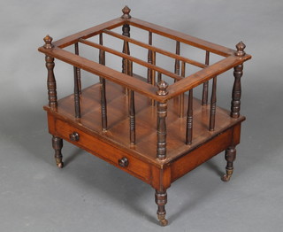 A Victorian rectangular mahogany 3 division Canterbury raised on turned supports, the base fitted a drawer 20"h x 24"w x 18"d