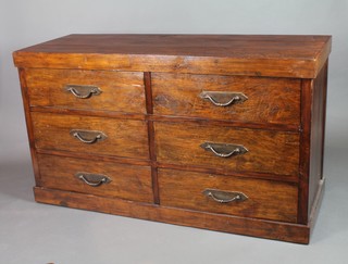 A 20th Century hardwood sideboard with iron drop handles, fitted 6 long drawers, raised on a platform base 35"h x 62"w x 22 1/2"w  