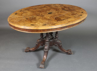 A Victorian oval inlaid figured walnut Loo table, raised on 4 turned columns and splayed legs 28"h x 47"w x 34"d 