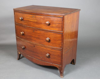 A 19th Century mahogany bow front chest of 3 long drawers with tore handles, raised on bracket feet 36"h x 36"w x 21"d 