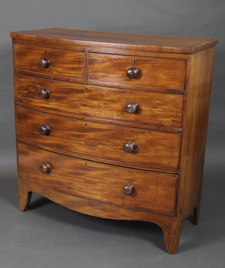 A 19th Century mahogany bow front chest of drawers with crossbanded top, fitted 2 short and 3 long drawers with tore handles and brass escutcheons, raised on bracket feet 41"h x 40"w x 19"d 