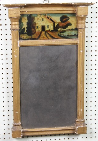 A Regency rectangular plate chimney mirror, the frieze decorated a building with lake and figures, having columns to the side, 21"h x 14"w