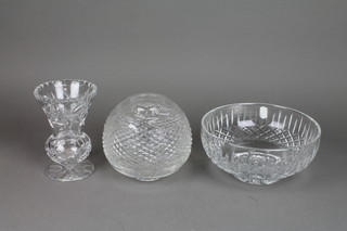A cut glass fruit bowl 8", a thistle vase and a glass light shade