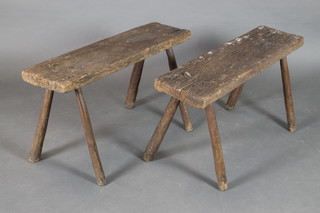 A pair of rectangular rustic elm benches, raised on turned supports 20"h x 35"l x 7"d