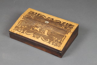 A Victorian inlaid rosewood writing slope with ivory escutcheon and hinged lid inlaid a running horse by a tree, 4"h x 16"w x 10"d 