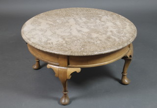 A circular Queen Anne style walnut occasional table with grey veined marble top, raised on cabriole supports 15"h x 29 1/2" diam. 