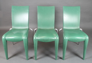 Philippe Starck. A set of 3 green moulded plastic and chrome Louis 20 stacking chairs by Philippe Starck for Vitra 