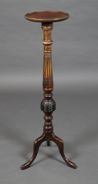 An Edwardian Chippendale style carved mahogany torchere raised on turned and fluted column with tripod base 45"h x 10" diam. 
