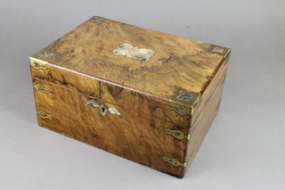 A Victorian figured walnut trinket box with hinged lid, brass banding and inlaid mother of pearl 6"h x 11 1/2"w x 8 1/2"d 
