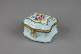 A French serpentine porcelain and gilt metal mounted trinket box decorated with floral sprays 3" 