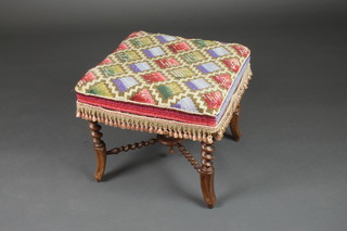 A Victorian square walnut stool with upholstered seat on spiral turned supports with X framed stretcher  15" x 16" x 16" 