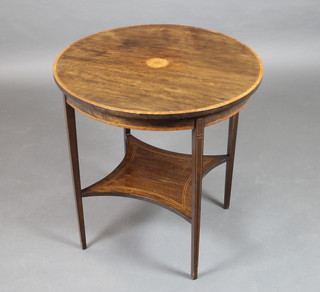 An Edwardian circular inlaid mahogany 2 tier occasional table with crossbanded top, shaped under and raised on square tapering supports 28"h x 26" diam. 